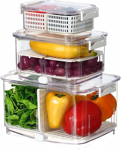 Felli Duo Fresh Produce Saver - Ventilated Fruit & Vegetable Container | Colander Strainer for Fridge