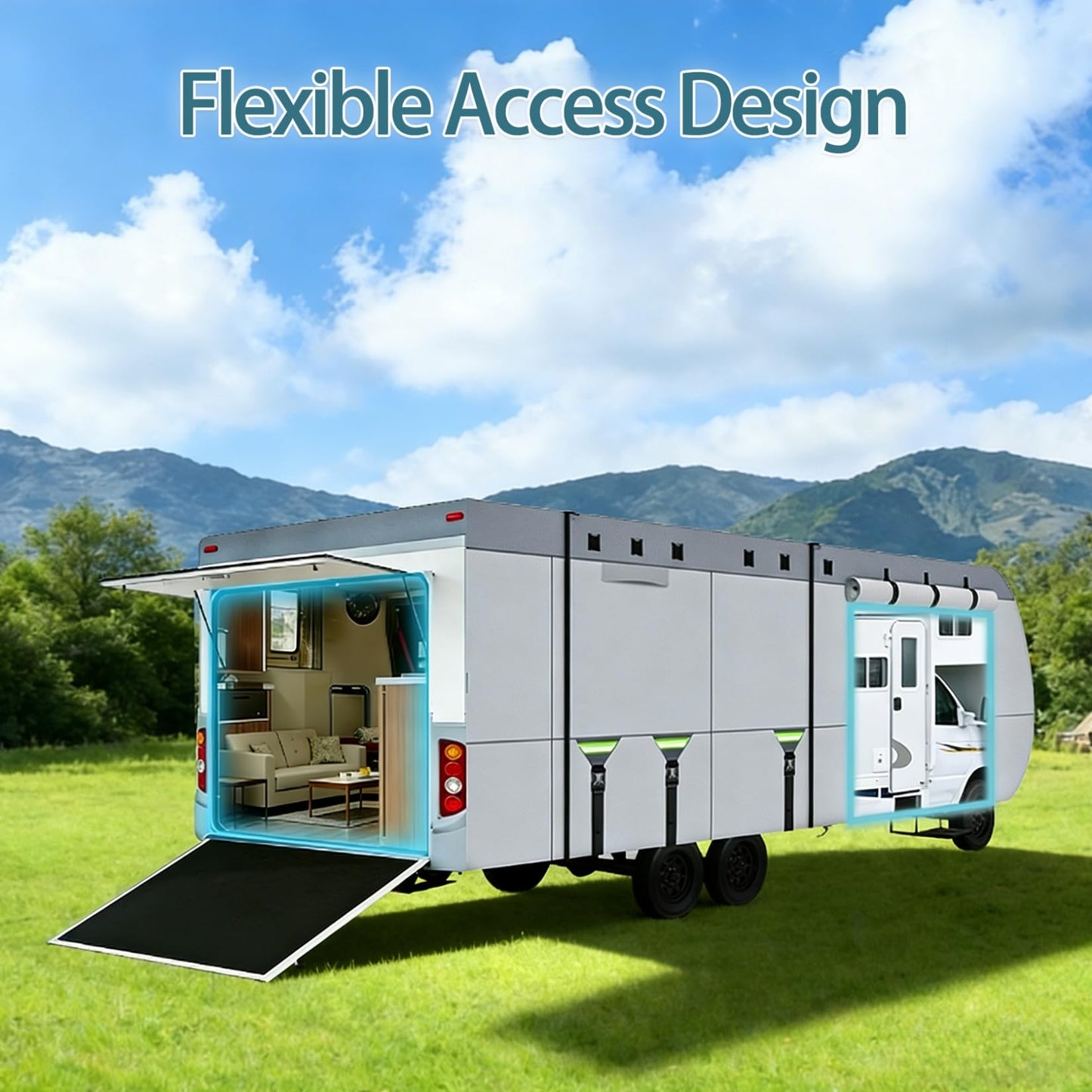 8 Layers Travel Trailer Cover Windproof Waterproof Rip-Stop RV Covers with Adhesive Repair Patches, 2Pcs Extra Straps & 4 Tire Covers (Fit 24-27FT)