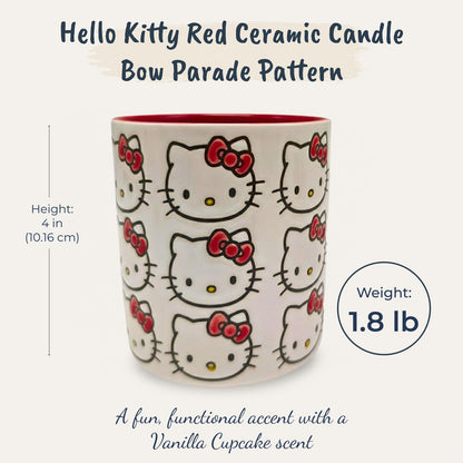 Blue Sky Clayworks Hello Kitty Face Pattern Red Ceramic Candle, Vanilla Cupcake Scent, 4" L x 4" W x 4" H, Bow Parade Glow