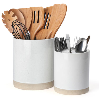 famiware Milkyway Kitchen Utensil Holder for Countertop, 7.2"+5.8" Ceramic Cooking Utensil Crocks for Counter, Utensil Organizer for Spatula & Spoon, Kitchen Decor, Set of 2, White