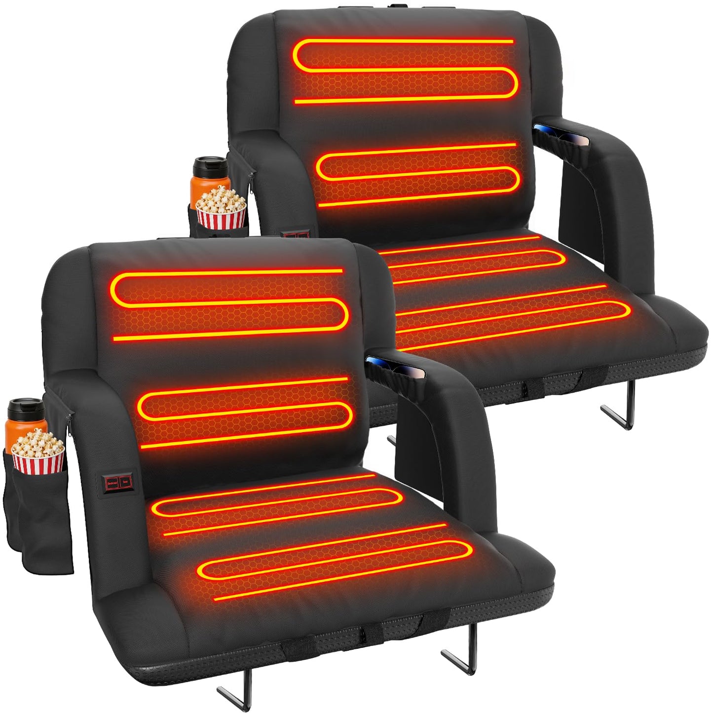 Suteck Extra Wide Heated Stadium Seats with Back Support 2 Pack, Portable Sofa Style Bleacher Chair with Back and Cushion, Armrest, Ideal for Outdoor Stadiums and Events -25" Wide