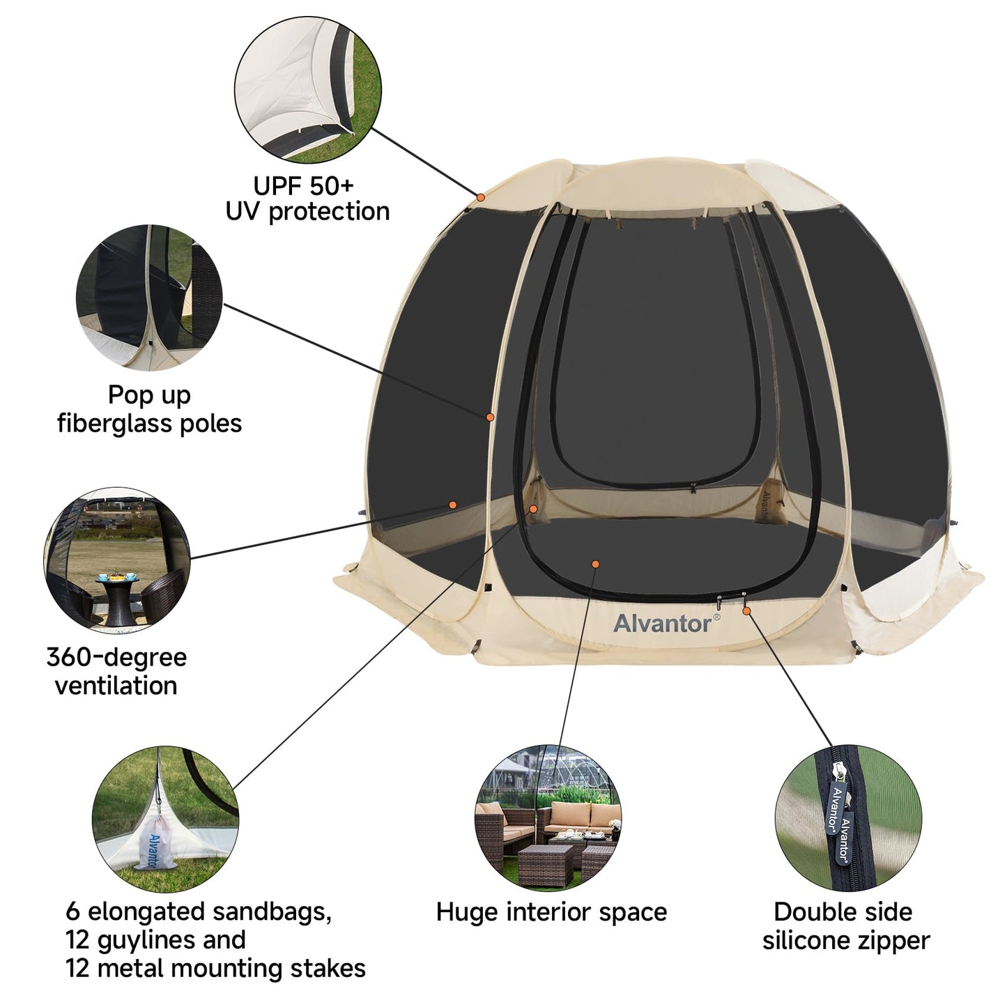 Alvantor® Screen House Room Camping Tent Outdoor Canopy Pop Up Sun Shade Hexagon Shelter Mesh Walls Not Waterproof 10'x10' Beige Patent Pending