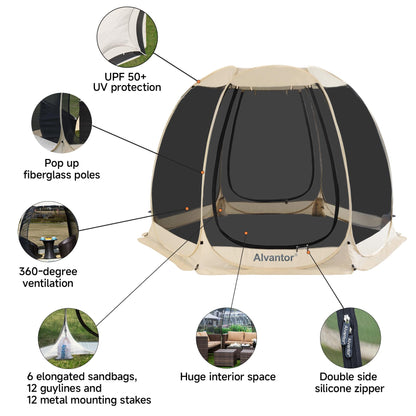 Alvantor® Screen House Room Camping Tent Outdoor Canopy Pop Up Sun Shade Hexagon Shelter Mesh Walls Not Waterproof 10'x10' Beige Patent Pending