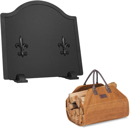 Bundle of Firewood Carrier, and 16.5" Firebacks for Fireplace, Steel Fireplace Back Plates with Feet