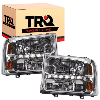 TRQ Performance Driver and Passenger Side Headlight Assembly Set Chrome Housing Clear Lens DRL Compatible with 99-04 Ford F-250 Super Duty 99-04 Ford F-350 Super Duty 00-04 Excursion