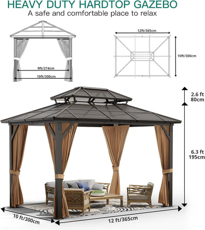 GAOMON 10'x12' Hardtop Gazebo, Outdoor Polycarbonate Double Roof Canopy, Aluminum Frame Permanent Pavilion with Curtains and Netting, Sunshade for Garden, Patio, Lawns