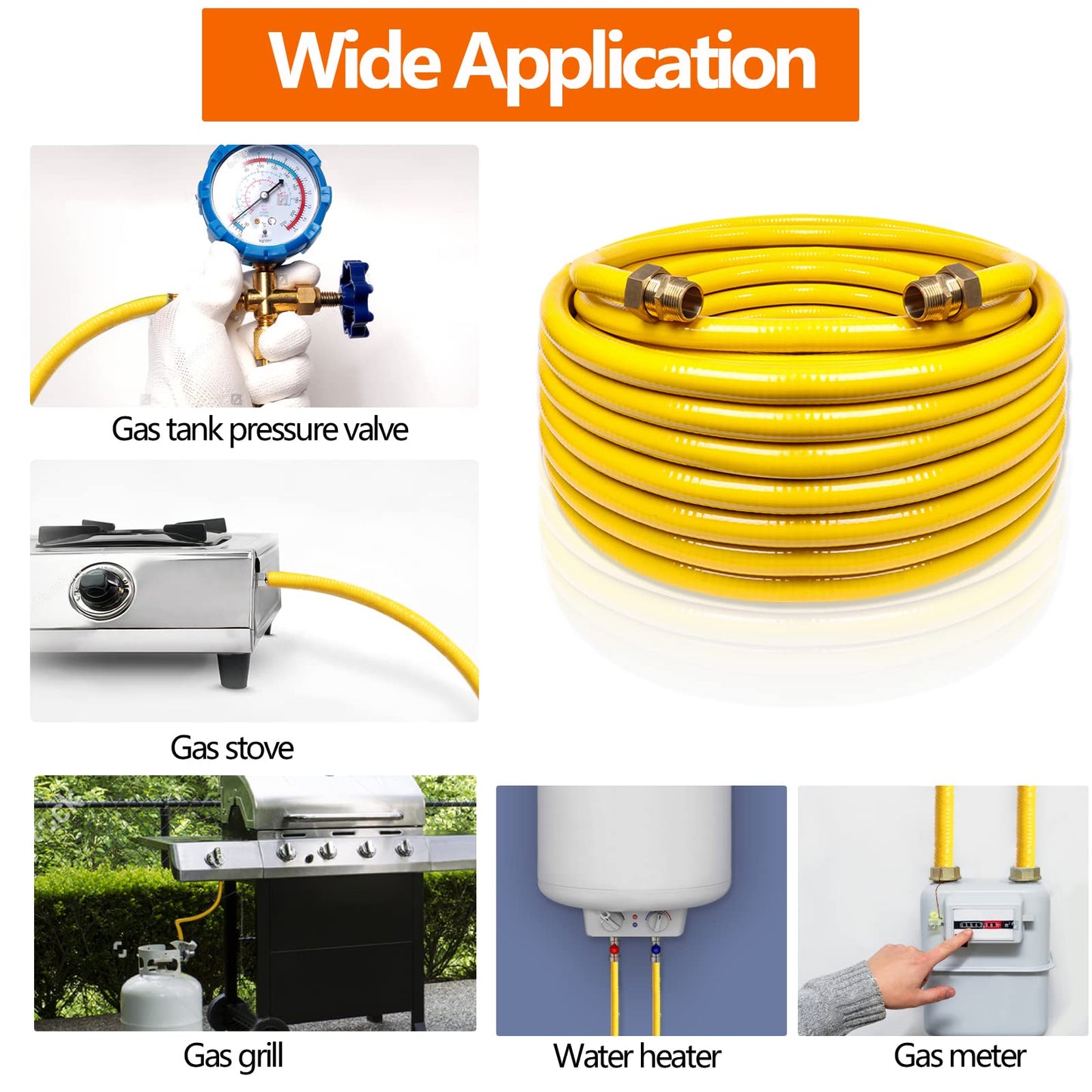 Grehitk 100ft 3/4'' Flexible Gas Line, CSST Corrugated Stainless Steel Tubing Pipe Kit, Natural Gas Line Propane Pipe Conversion Kit Grill Hose with 2 Male Adapter Fittings (100ft 3/4'')