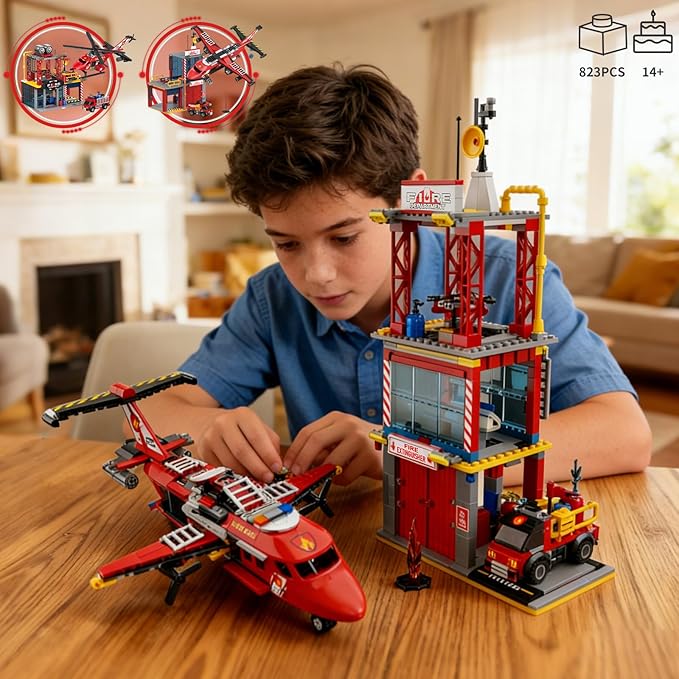 3 in 1 City Fire Rescue Plane Building Sets Compatible with Lego Fire Station Helicopter Fire Truck Airplane Building Blocks Kits for Boys Girls for Adults Teens 14+ (823 PCS)
