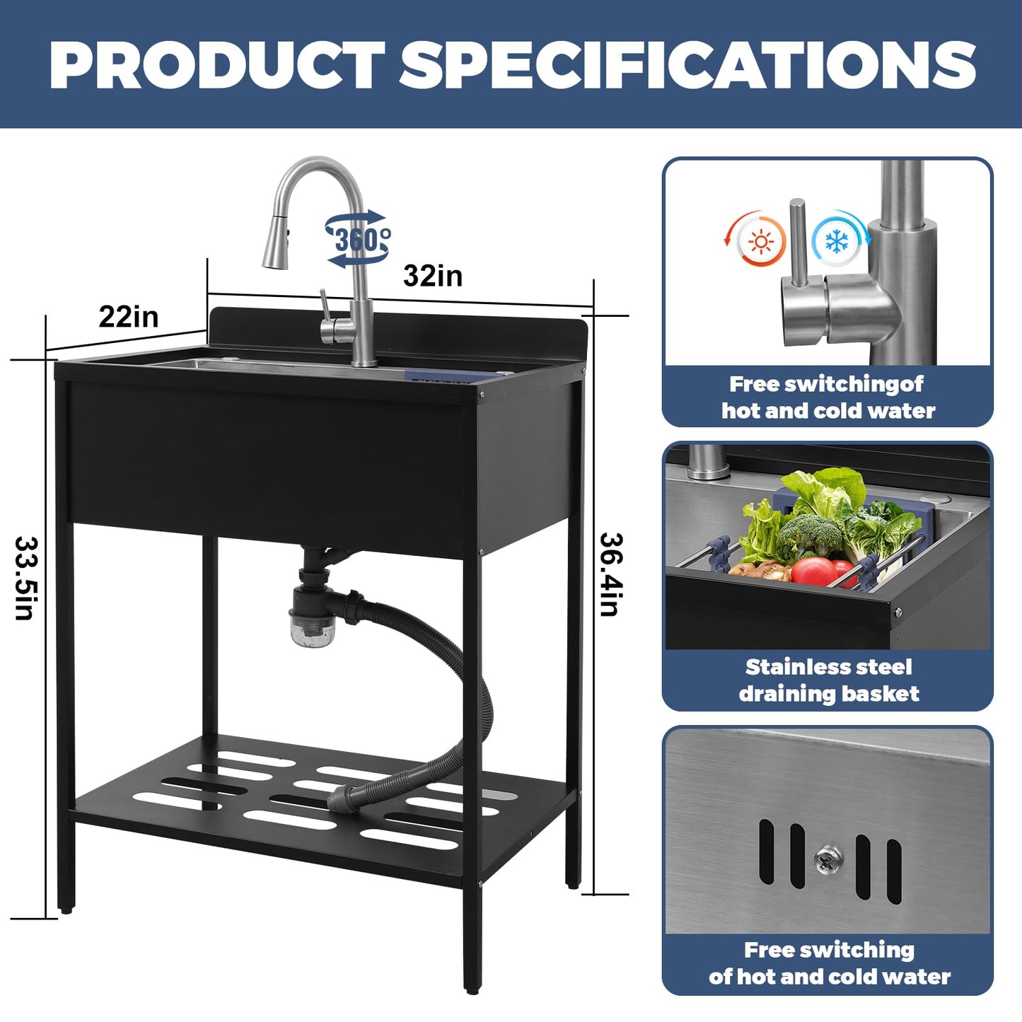 Portable Freestanding Stainless Steel Laundry Utility Sink with Cold and Hot Water with Cabinet Faucet Outdoor Kitchen Black Utility Sink