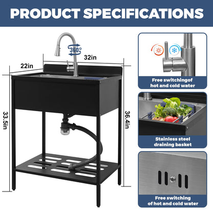 Portable Freestanding Stainless Steel Laundry Utility Sink with Cold and Hot Water with Cabinet Faucet Outdoor Kitchen Black Utility Sink