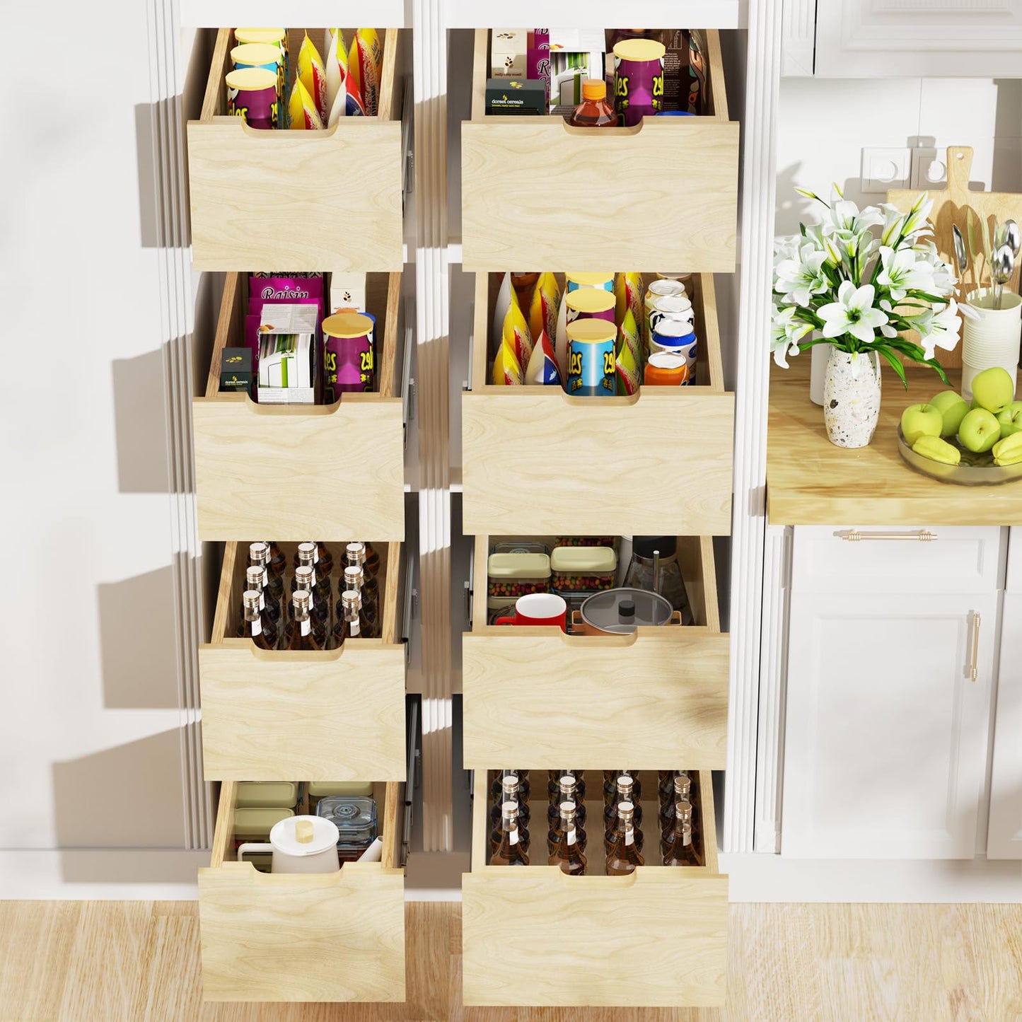 ROOMTEC Pull Out Cabinet Organizer, Slide Out Wood Drawer Shelf, Pull Out Drawers for Cabinets, 8" High Beveled Pull Out Organizers for Kitchen Pantry, 16½" W×21" D