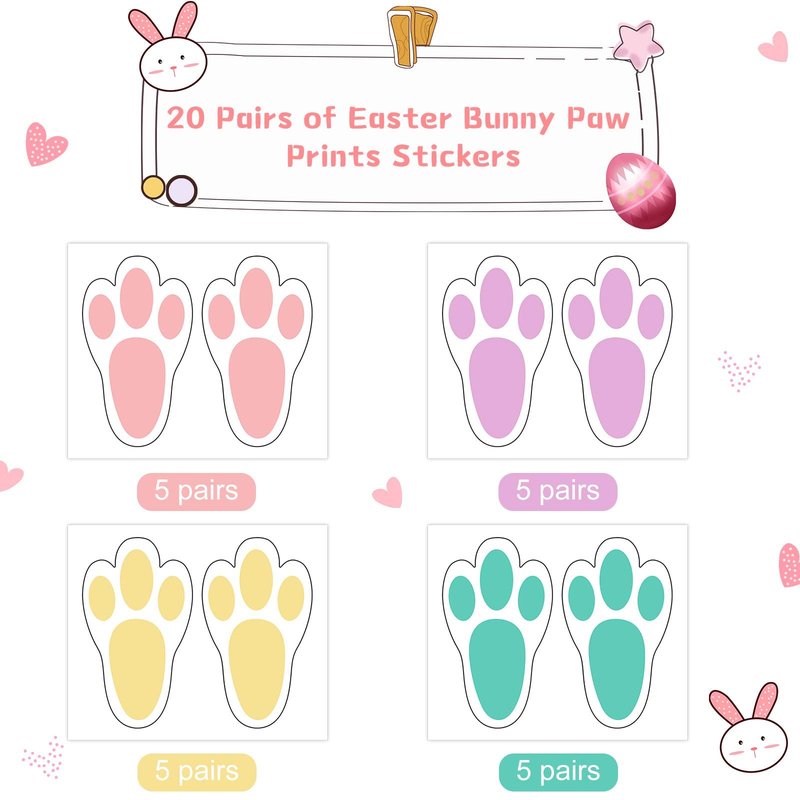 Zonon 20 Pairs of Easter Bunny Stickers Bunny Paw Prints Footprints Floor Clings Decals Rabbit Footprints Rabbit Paw Stickers for Floor Ceiling Window Wall Easter Day Party Supplies, 4 Colors