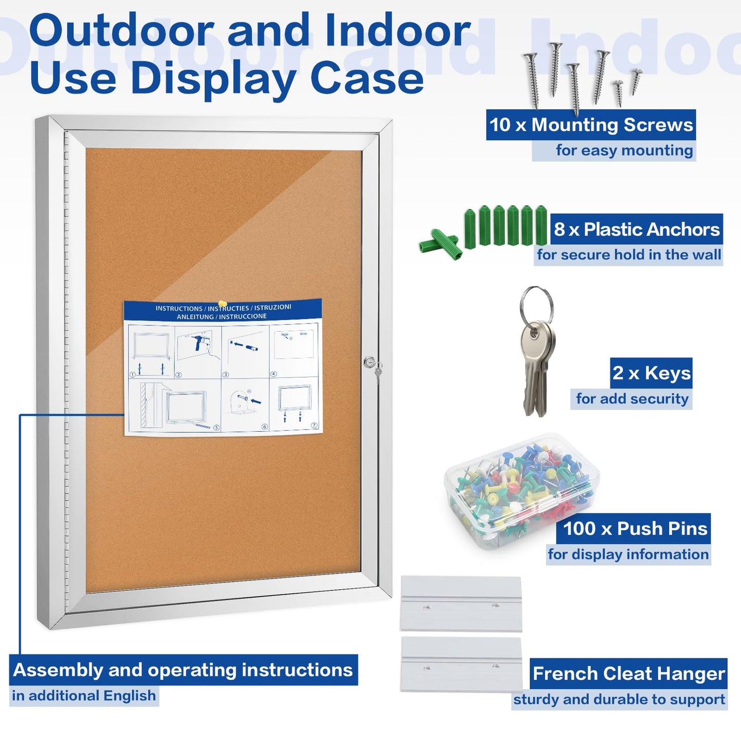 SWANCROWN Enclosed Cork Bulletin Board, Outdoor Bulletin Board Weatherproof with Acrylic Door and Keys, Wall-Mounted Notice Case, 28x20 Inches