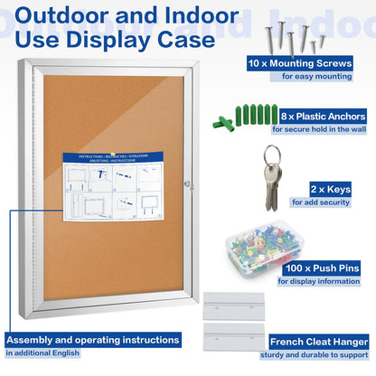 SWANCROWN Enclosed Cork Bulletin Board, Outdoor Bulletin Board Weatherproof with Acrylic Door and Keys, Wall-Mounted Notice Case, 28x20 Inches