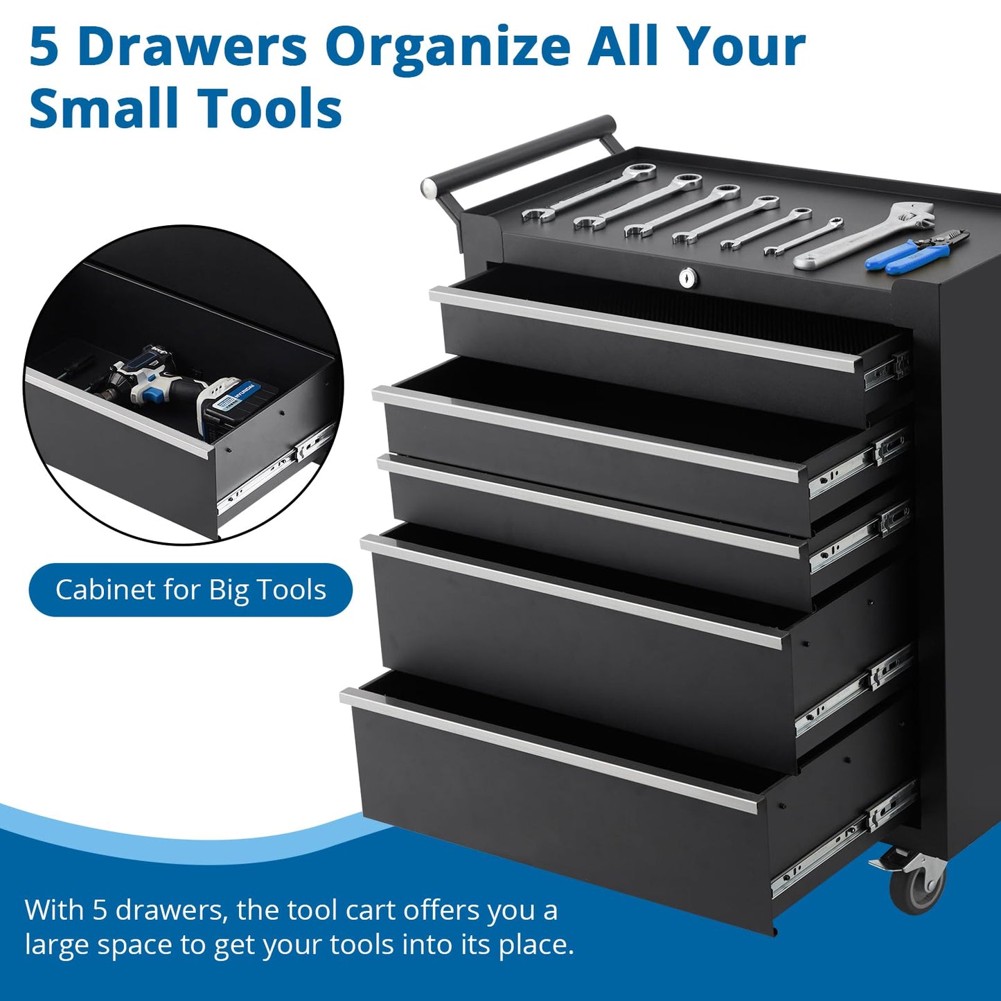 GarveeHome 5-Drawer Tool Chest, Rolling Tool Box with Wheels and Lock System, Portable Storage Rolling Tool Chest for Warehouse, Workshop & Repair Shop, Black