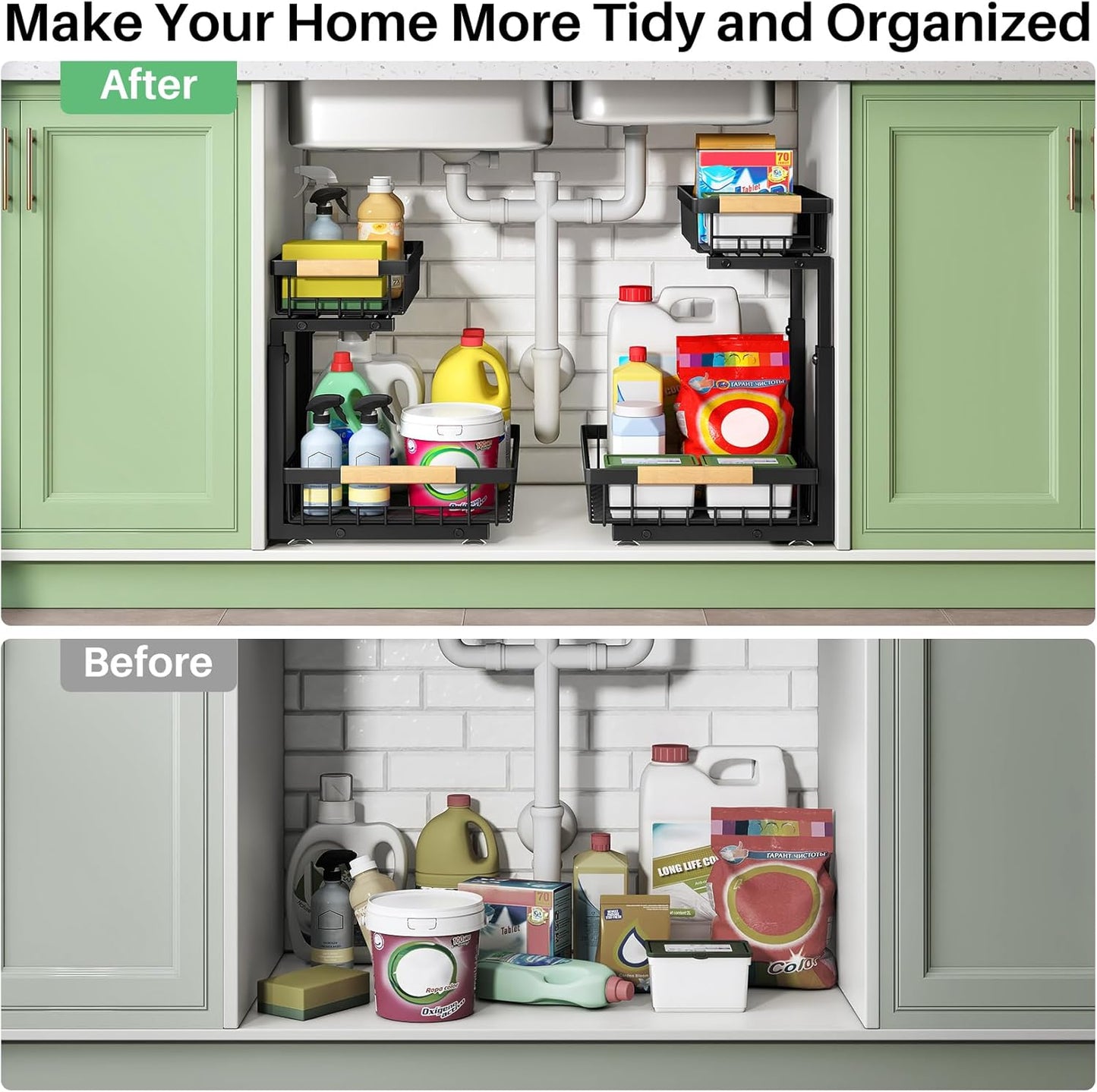 Kitstorack Under Sink Organizer - 2 Tier Metal Sliding Drawer for Kitchen & Bathroom Storage | Black