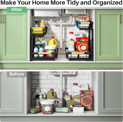 Kitstorack Under Sink Organizer - 2 Tier Metal Sliding Drawer for Kitchen & Bathroom Storage | Black