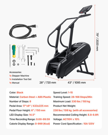 VEVOR Stair Stepper Machine, LED Screen Continuous Climbing Machines, Max Load 330 Lbs Stepping Climber for Home, 15 Speed Levels 28-168 Steps/Minute Stepmill Exercise for Cardio Lower Body