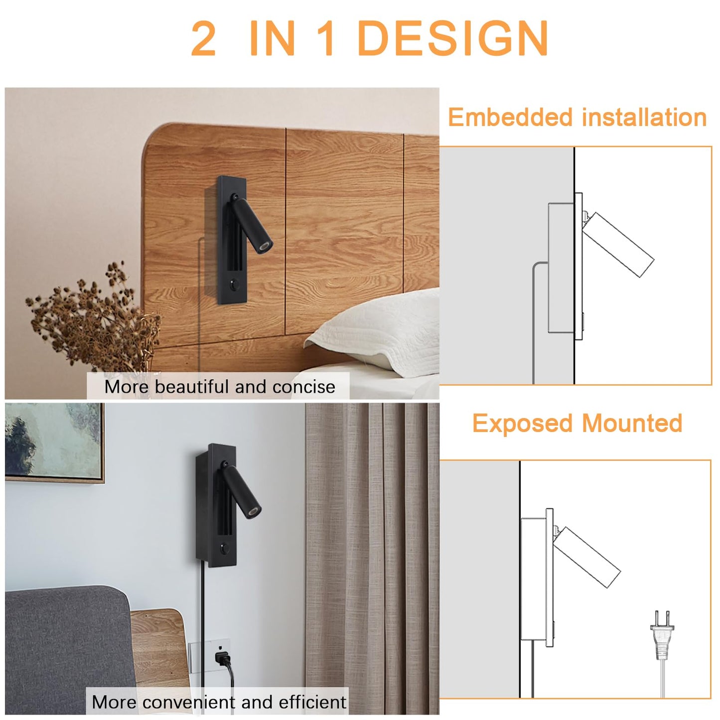 YFMYY Set of 2 Led Headboard Wall Light, 350°Rotation Portable Plug in Wall Sconce Hardwired, Bedside Reading Light Recessed Push Switch, Hotel Bed Side Decor Wall Sconces Spotlight (Matt Black)