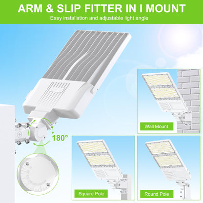 OPENLUX 320W LED Parking Lot Light with Photocell UL Listed 48000LM 5000K LED Shoebox Light Pole Flood Fixture IP65 Commercial Area Lighting Arm & Slip Fitter in 1 Mount, AC100~277V