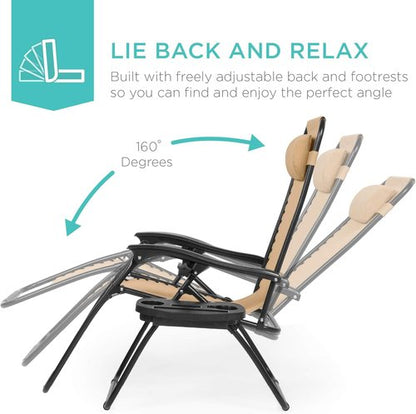Best Choice Products Adjustable Steel Mesh Zero Gravity Lounge Chair Set - 2 Recliners with Pillows & Cup Holders | Beige