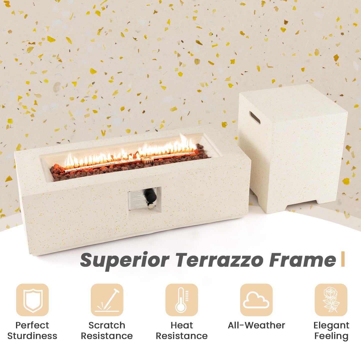 Tangkula 50,000 BTU Propane Fire Pit Table Set, 42” Terrazzo Fire Pit Table with Hideaway Tank Holder, Stainless Steel Burner, Protective Cover, Lava Rocks, Fit 20 lbs Tank
