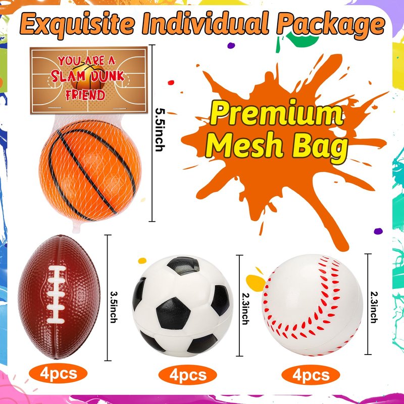 16 PCS Stress Balls Party Favor for Kids 8-12 Goodie Bag Stuffers Squeeze Toys Classroom Prizes for Kids Pinata Stuffers Boys Birthday End of Year Gifts Sport Party Foam Bouncy Balls Bulk Small Toys