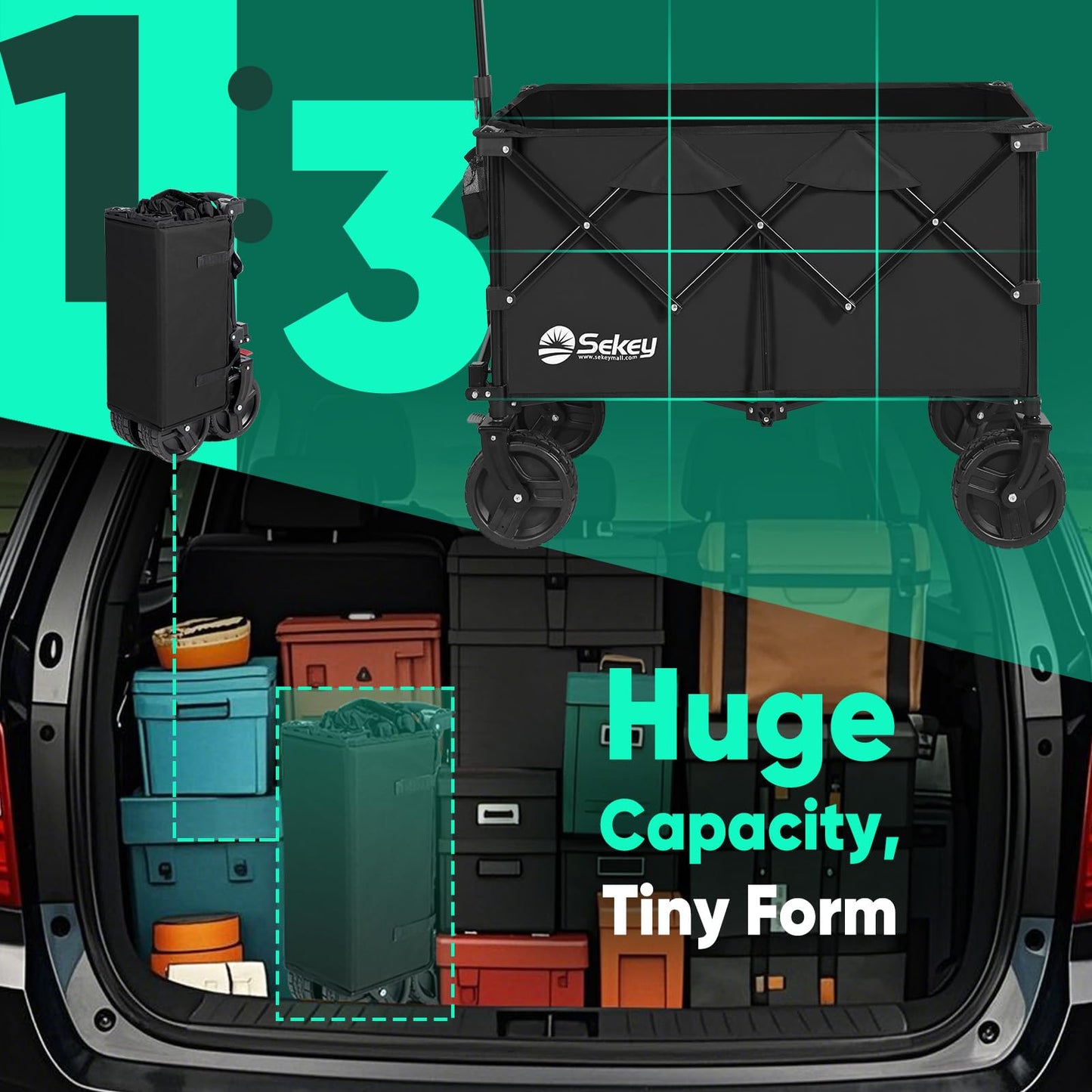 Sekey 220L Wagons Carts Foldable with Big All-Terrian Beach Wheels, Collapsible Heavy DutyWagon with Cup Holders, Extra Large Folding Wagon,Foldable Wagon for Camping, Garden, Sports. Black