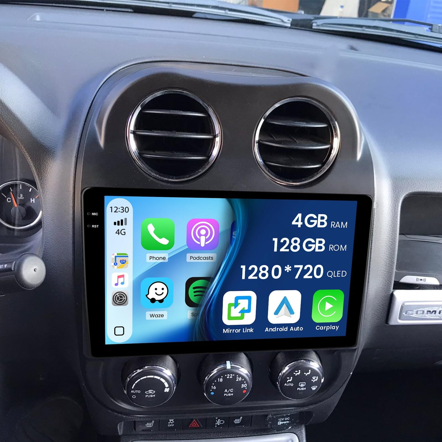 4+128G Radio for Jeep Compass Patriot 2010-2016, 10.1" Touch Screen Radio Kit with Wireless CarPlay/Android Auto, 5GHz WiFi, Bluetooth 5.0, EQ, GPS Navigation, 1280 * 720, Backup Camera