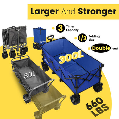Sekey Extended Collapsible Foldable Wagon with 660lbs Weight Capacity, Heavy Duty Folding Utility Garden Cart with Big All-Terrain Beach Wheels & Drink Holders. Royal Blue