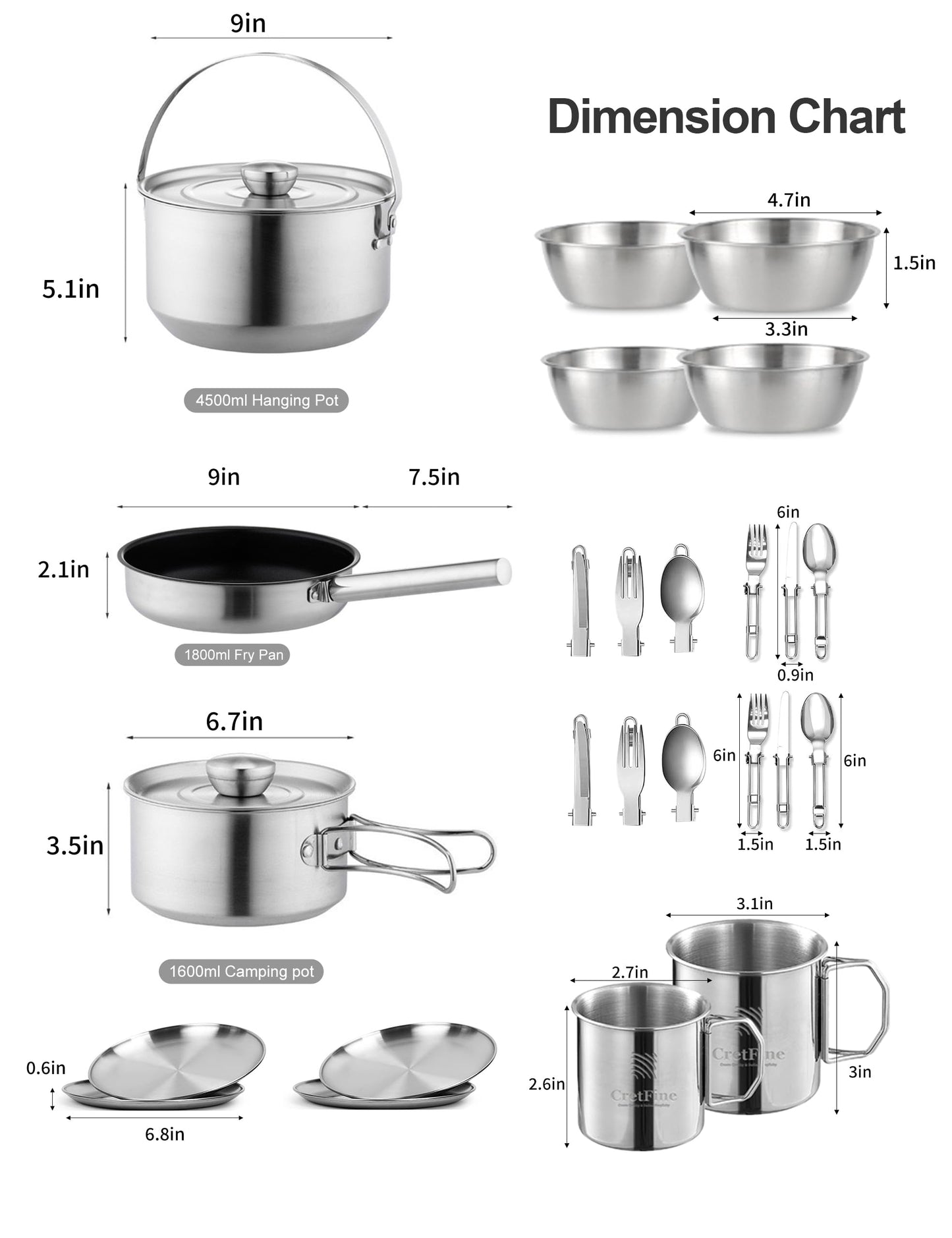 CretFine CompactKit Camping Cookware Set Stainless Steel Pots and Pan with Detachable Handle and Oxford Cloth Bag, for 4-8 Mess Kit with Utensils for Camp Kitchen, Picnic, BBQ, Traveling, Emergency