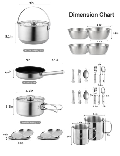 CretFine CompactKit Camping Cookware Set Stainless Steel Pots and Pan with Detachable Handle and Oxford Cloth Bag, for 4-8 Mess Kit with Utensils for Camp Kitchen, Picnic, BBQ, Traveling, Emergency