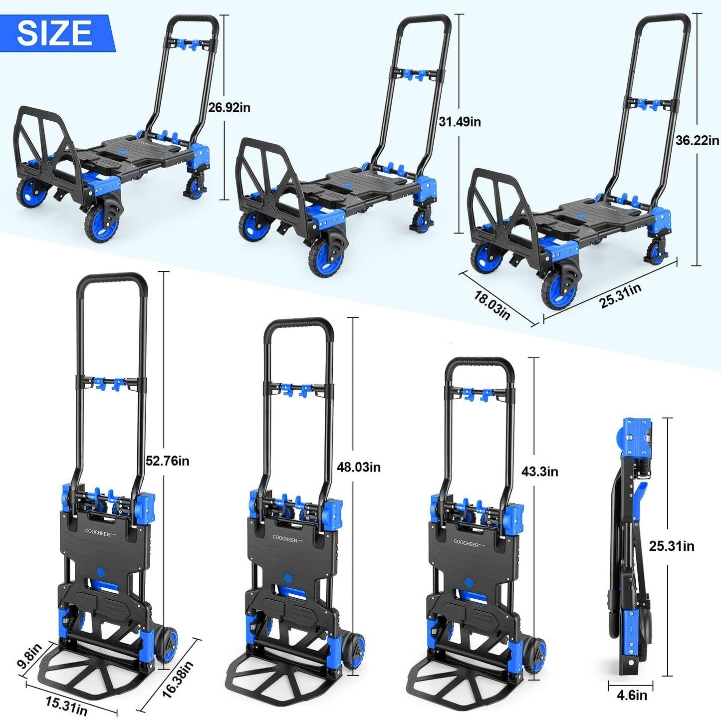 2-in-1 Folding Hand Truck Dolly 330LB Load Carrying, Hand Truck Foldable Dolly with Retractable Handle and 4 Rubber Wheels, Portable Folding Hand Cart for Moving/Travel/Office(Blue)