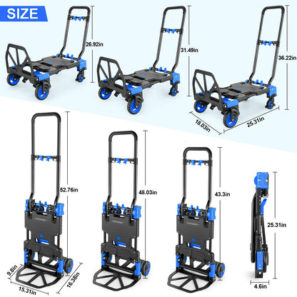 2-in-1 Folding Hand Truck Dolly 330LB Load Carrying, Hand Truck Foldable Dolly with Retractable Handle and 4 Rubber Wheels, Portable Folding Hand Cart for Moving/Travel/Office(Blue)