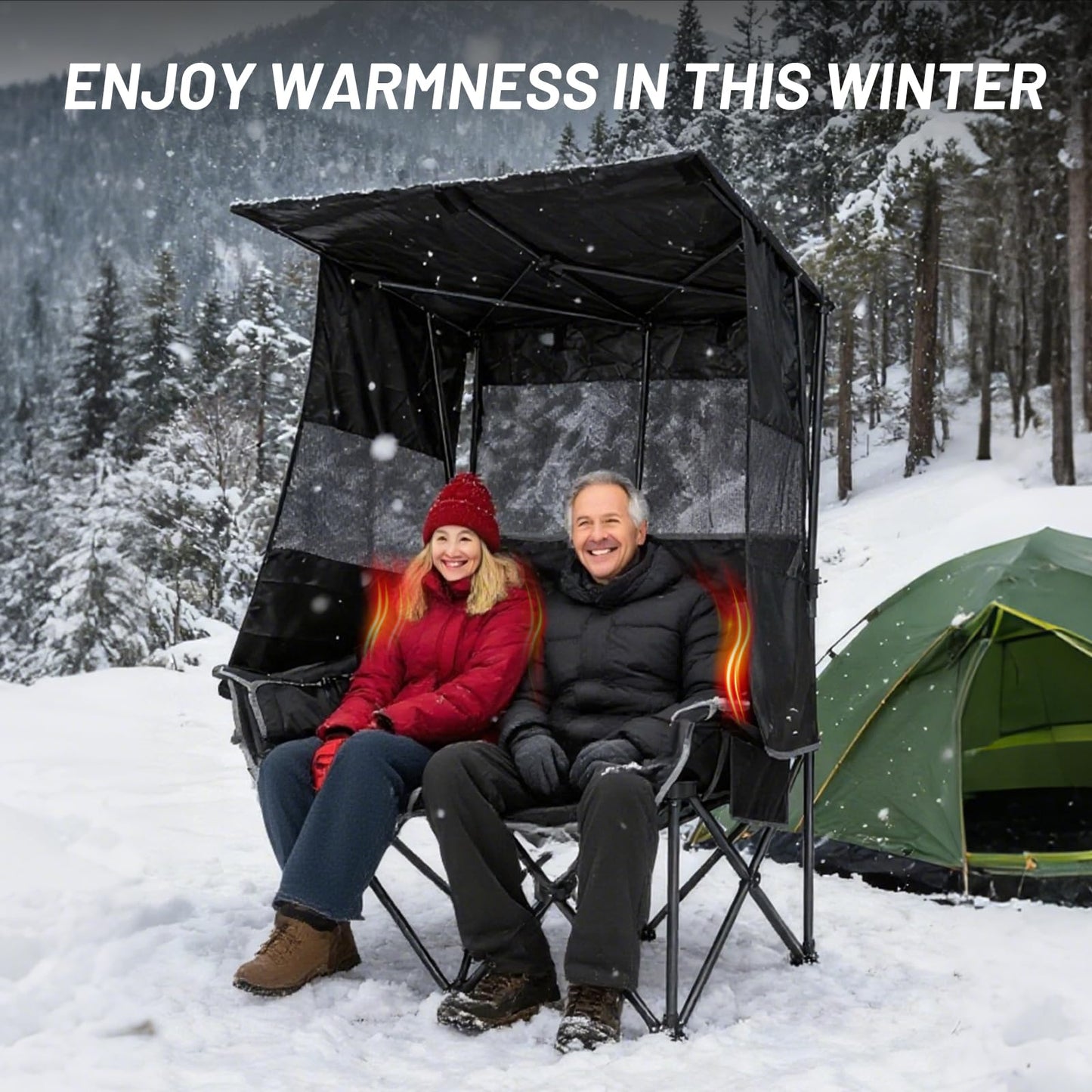 Nice C Heated Double Camping Chair with Canopy, Heated Outdoor Sports Folding Bench with Battery, Portable Padded Umbrella Chairs, Couch with Shade, Cup Holder, Cooler Bag, Loveseat For Lawn, Outdoors