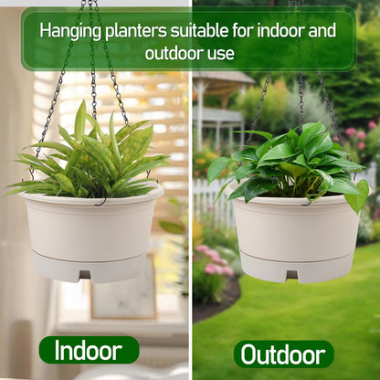 Svxtoby 10 Inch Hanging Planters for Indoor Plants, 4 Pack Plastic Hanging Baskets with Removable Trays & 15.7" Chain, Outdoor Hanging Plant Pot for Home Garden Porch Balcony Patio Decor (Beige)
