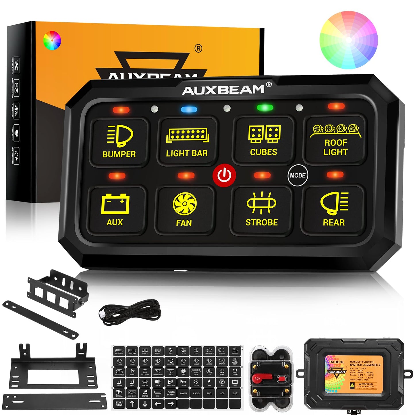 Auxbeam 8 Gang Switch Panel RA80 XL RGB Momentary Pulsed Toggle Switch Panel, Dimmable Backlight Multifunction Switch Panel with Memory Function for 12-24V Truck Offroad Car Marine, 3 Years Warranty