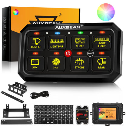 Auxbeam 8 Gang Switch Panel RA80 XL RGB Momentary Pulsed Toggle Switch Panel, Dimmable Backlight Multifunction Switch Panel with Memory Function for 12-24V Truck Offroad Car Marine, 3 Years Warranty