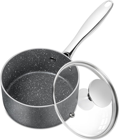MICHELANGELO Nonstick Sauce Pan - 1 Quart with Lid & Stainless Steel Handle | Grey Granite Finish