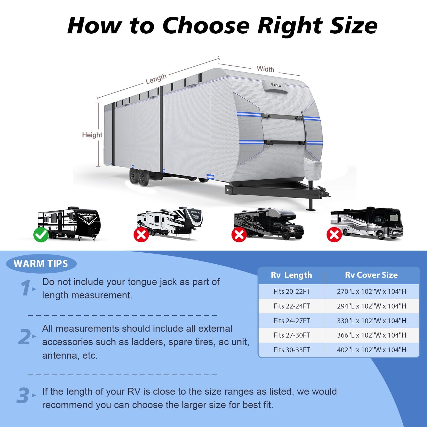 RV Cover 30-33ft, 7 Layers Heavy Duty Travel Trailer Cover, Weatherproof & UV Resistant Camper Cover with 10 Windproof Straps, 4 Tire Covers, Storage Bag, Gutter & Tongue Jack Covers