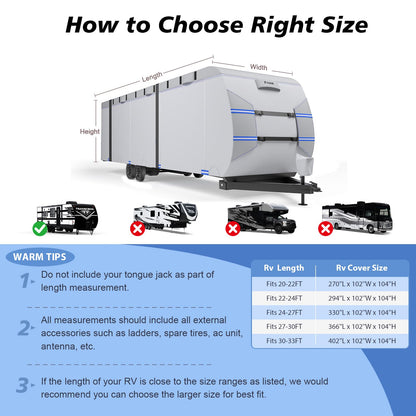 RV Cover 30-33ft, 7 Layers Heavy Duty Travel Trailer Cover, Weatherproof & UV Resistant Camper Cover with 10 Windproof Straps, 4 Tire Covers, Storage Bag, Gutter & Tongue Jack Covers
