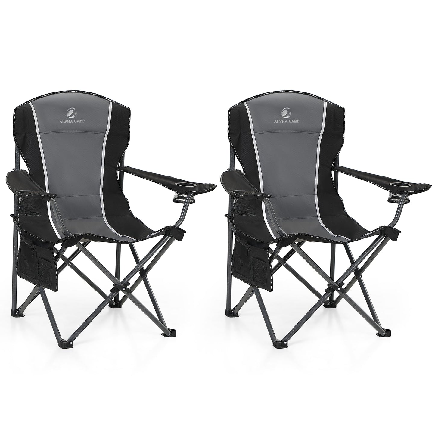 ALPHA CAMP Oversized Camping Folding Chair Heavy Duty Steel Frame Support 350 LBS Collapsible Padded Arm Chair with Cup Holder Quad Lumbar Back Chair Portable for Outdoor/Indoor (Black grey-2PC)