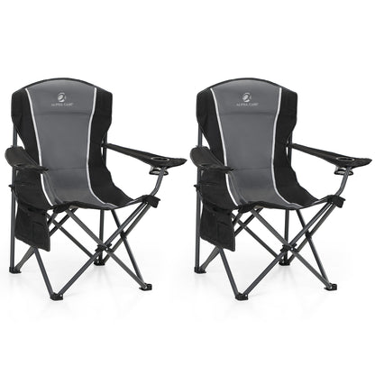 ALPHA CAMP Oversized Camping Folding Chair Heavy Duty Steel Frame Support 350 LBS Collapsible Padded Arm Chair with Cup Holder Quad Lumbar Back Chair Portable for Outdoor/Indoor (Black grey-2PC)