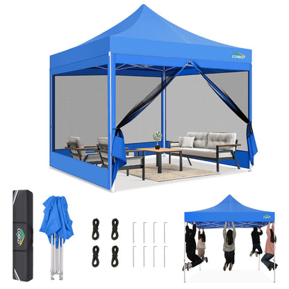 COBIZI Canopy Tent 10x10 Heavy Duty, Pop Up Gazebo with Netting Screened, Waterproof Ez up Canopy with Sidewalls, Outdoor Instant Screen House Tent for Party, Backyard, Wedding, Birthday, Blue