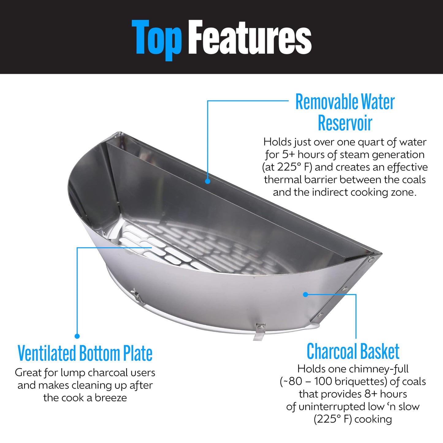 Slow 'N Sear® Deluxe Charcoal Basket Insert for 22" Weber Kettle Grills – Patented Stainless Steel Two-Zone Cooking Accessory with Removable Water Reservoir for Low & Slow Smoking and Searing