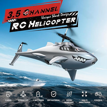 DEERC Remote Control Helicopter for Kids and Adults RC Shark Helicopter with Altitude Hold One Key Takeoff/Landing LED Lights 2 Batteries 24 Min Flight Time Indoor Flying Toy Gift