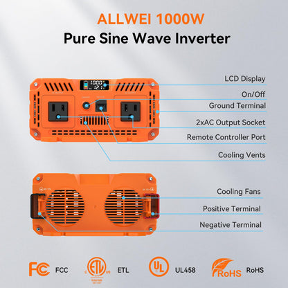ALLWEI Pure Sine Wave Inverter - 1000 Watt Inverter 12V DC to 120V AC Converter for Home, RV, Truck, Off-Grid Solar Power Inverters for Vehicles, Car Power Inverters with 2 Sockets, 2000W Peak