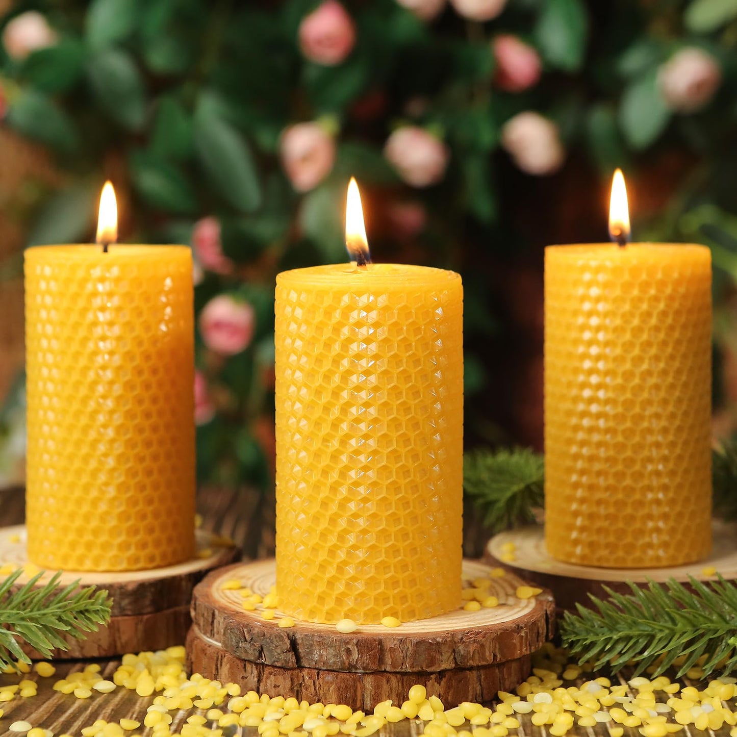 3 Pack Natural Beeswax Pillar Candles,Handmade Pure Beeswax Rolled Candle-60 Hours Long Burning,Honeycomb Bees Wax Candles for Home, Prayer,Dripless Smokeless Unscented Pillar Candle 2x4in