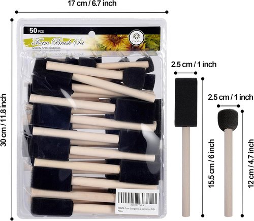 Conda Foam Brush Set - 50 Pack Assorted Sizes 0.5" to 2" | Lightweight & Durable for Acrylics, Stains, Varnishes