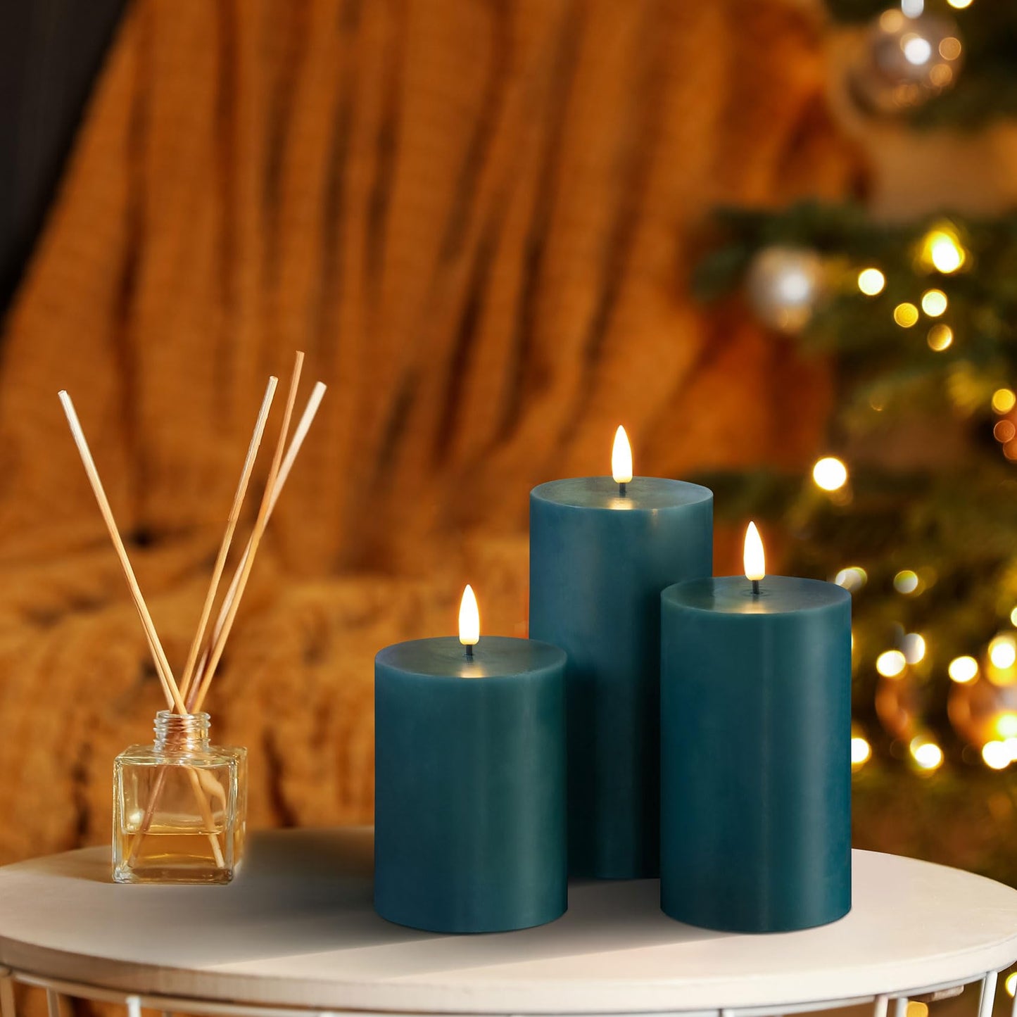 Girimax Green Flameless Pillar Candles with Remote, Flickering Spring LED Wax Candles Battery Operated Set of 3